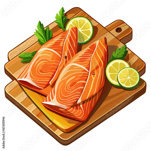 Salmon Fillets with Lime and Parsley on a Wooden Cutting Board