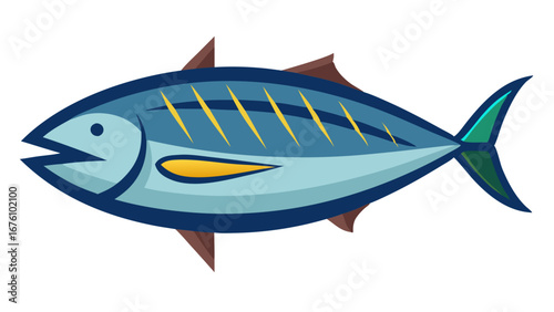 Cartoon depiction of a tuna fish with blue and yellow coloring