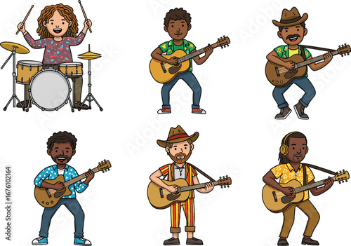 Diverse musicians playing guitars and drums, happy band performing, musical artists with different styles, colorful vector characters, live music, entertainment, creative music group illustration