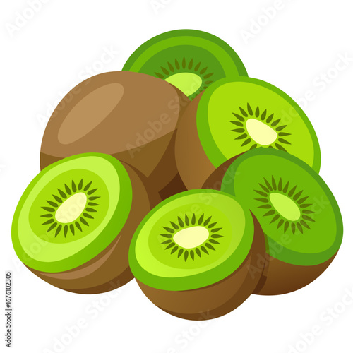 Illustration of Several Kiwi Fruit Slices with One Whole Kiwi in the Bunch