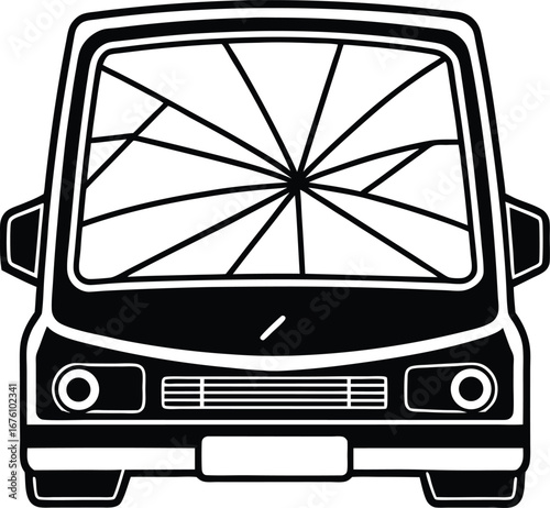 Vector art of front view of a black and white illustration of a car with a severely cracked windshield