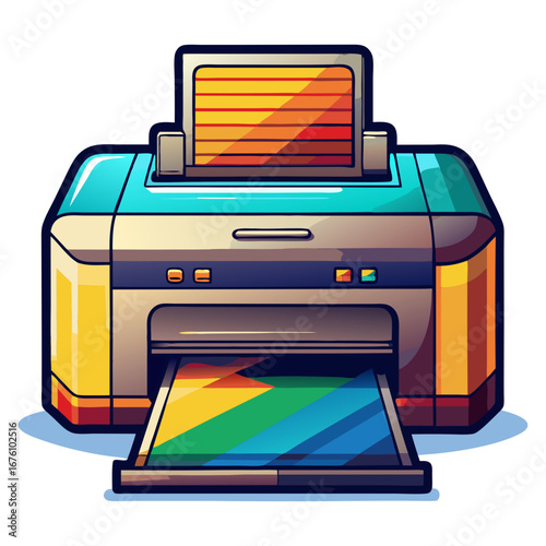 Colorful cartoon inkjet printer with paper loaded, ready for document printing