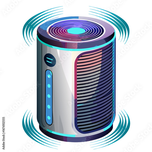 Stylized futuristic smart speaker emitting signal waves in shades of teal