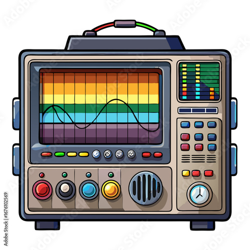 Cartoon Oscilloscope Vector Illustration Depicting a Waveform and Meter for Visualizations
