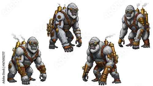 Steampunk Yeti Explorer Mascot with Goggles and Gears, Mechanical Creature with Copper Fur, Victorian Era Vector Illustration