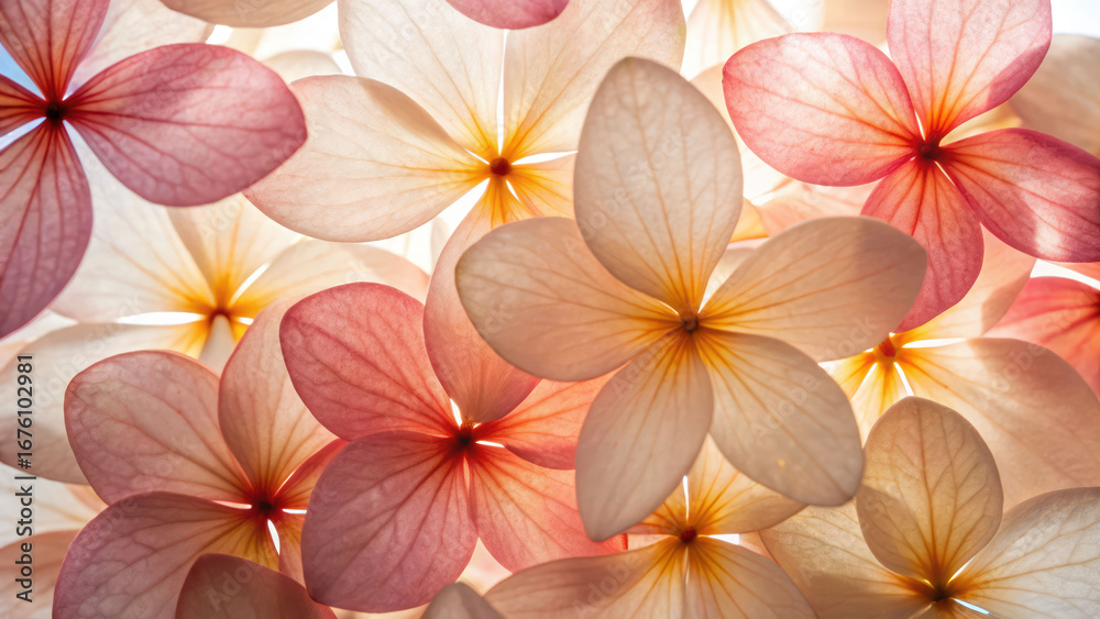 Fototapeta premium Soft pink hydrangea petals overlap gently with snowball effect creating delicate floral pattern glowing with warm light and subtle veins
