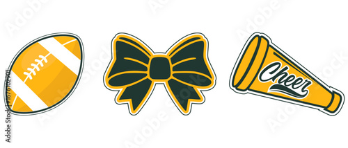 Football Cheerleading illustration. Football, a Bow and a Cheerleader Megaphone. Green Bay cheerleading illustration