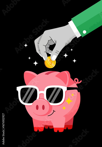 Hand putting coin into piggy bank with sunglasses.