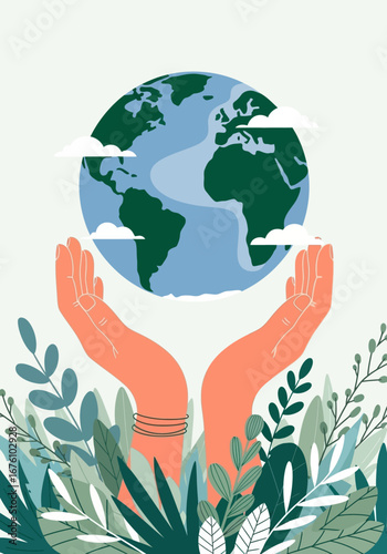 Hands holding the Earth surrounded by lush green foliage.