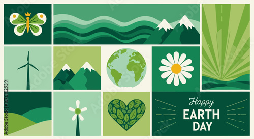 Happy Earth Day collage with nature elements and environmental symbols.