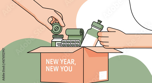 Hands packing a New Year New You box with health and fitness items.