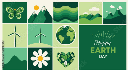 Happy Earth Day collage with nature elements and environmental symbols.