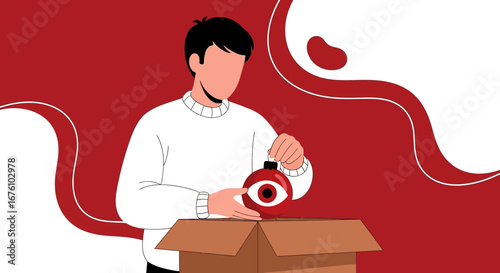 Man carefully placing a decorative red vase into a cardboard box.