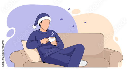 Man in pajamas and sleep cap relaxing on sofa with a hot drink.