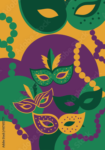 Vibrant Mardi Gras masks and beads in festive colors.