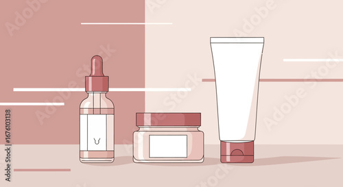 Skincare Product Set with Serum, Cream, and Lotion.