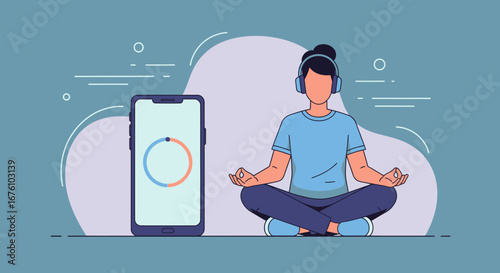 Woman Meditating with Headphones and Smartphone App.