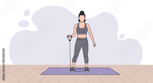 Woman in athletic wear performing resistance band exercises on a yoga mat.