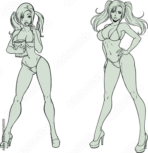 Set of Pin-up Girls in Bikinis, Hand-Drawn Vector Line Art Illustration