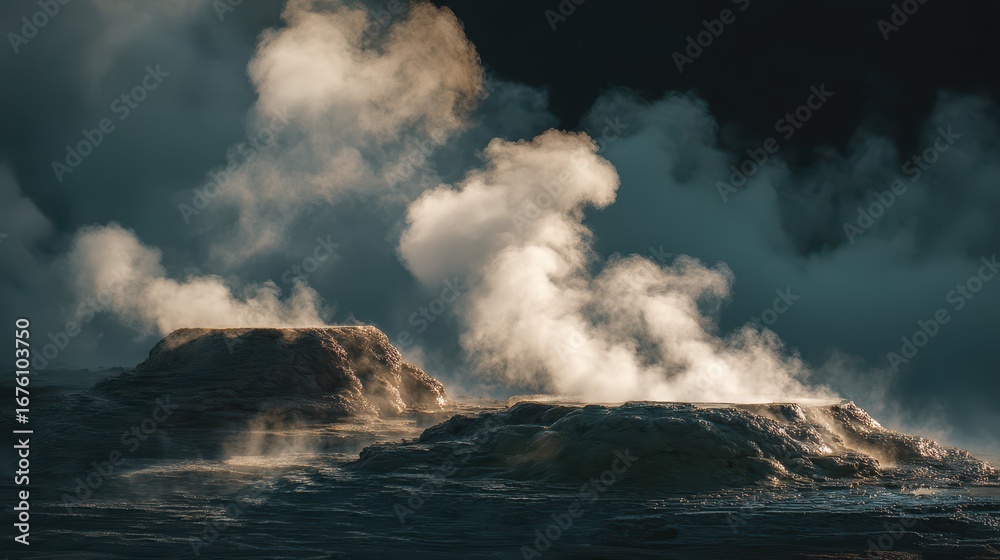 Naklejka premium Majestic Geysers Erupting Thick Steam Against a Dark Background
