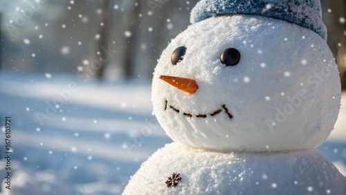 Snowman with carrot nose and button eyes smiles gently in snowy winter landscape while soft snowflakes fall creating abominable yet charming scene