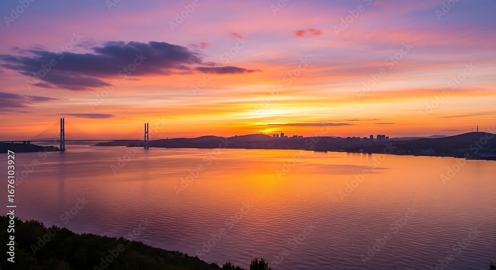 Fototapeta premium Vibrant Sunset Over Water with Bridge and City Skyline.