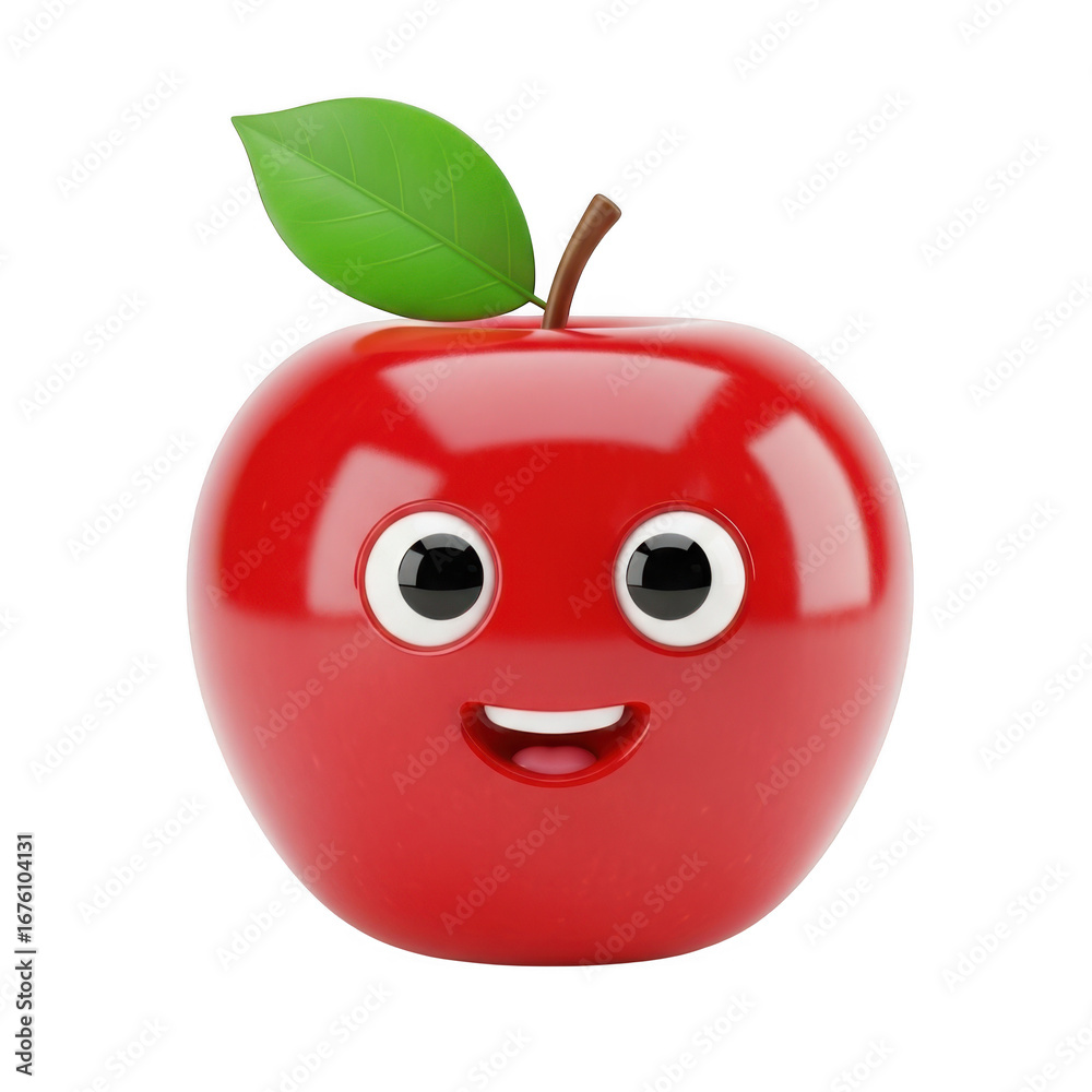 Obraz premium 3d cute red apple character with friendly face and green leaf stem