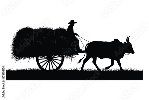 Farmer silhouette driving ox cart loaded with hay across grassy field agriculture animal