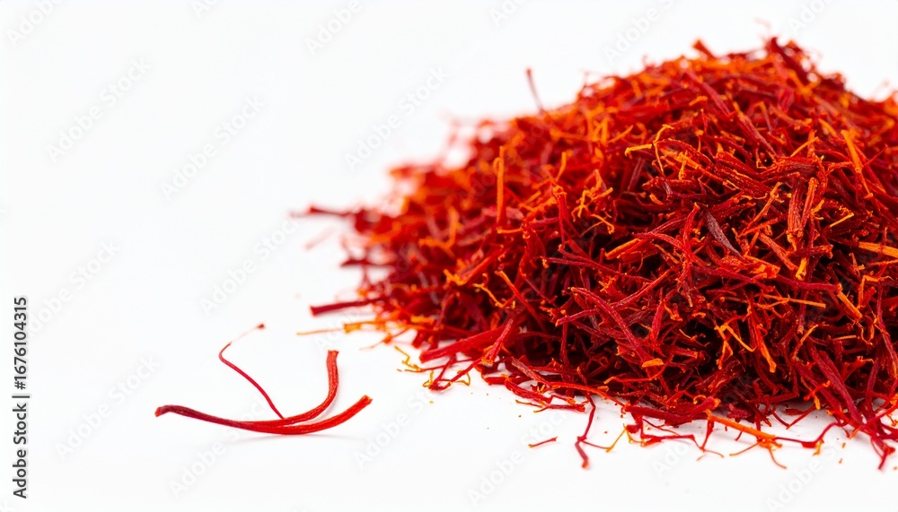 Fototapeta premium Exquisite Saffron: A close-up shot reveals a vibrant pile of premium saffron threads, showcasing the rich color and delicate texture of the world's most precious spice.