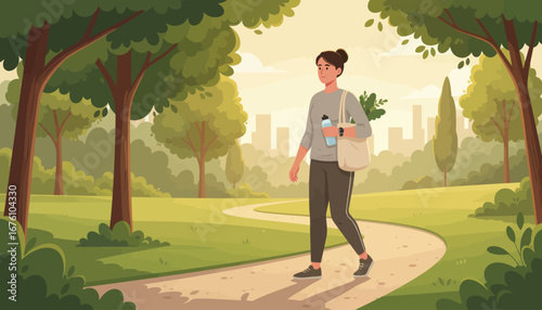 A woman walks along a path in a park, carrying a reusable bag and water bottle, with city skyline in the background.