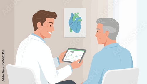 Doctor consults with senior patient, reviewing health data on a tablet.