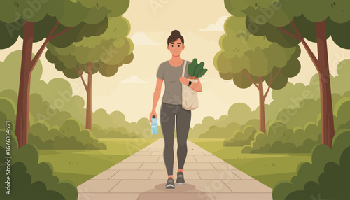 Woman walking park path, carrying groceries and water bottle, healthy lifestyle.
