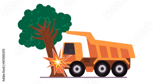 illustration yellow dump truck crashed into a tree cartoon style vector graphic depicts a vehicle accident safety roadside mishaps