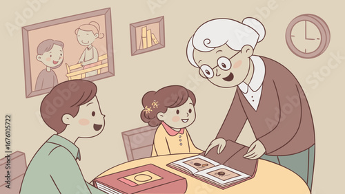 Family Reunion with Photo Album Memories – Vector Illustration of Generational Bonding and Togetherness
