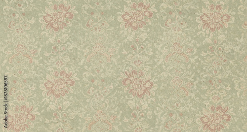 Elegant seamless damask pattern with vintage pink flowers on a soft green background