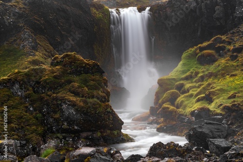 view of Strompgljufrafoss waterfall or the second Dynjandi Waterfall Cascade in the Westfjords of Iceland