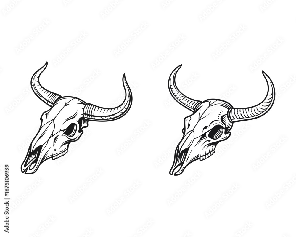 Fototapeta premium This image presents two detailed, black and white line art illustrations of buffalo skulls, perfect for use in various designs