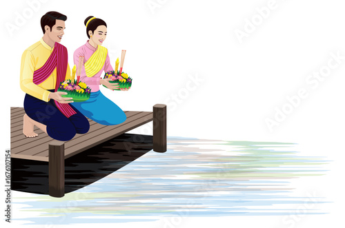 A newlywed couple is floating krathongs on the riverbank.vector design