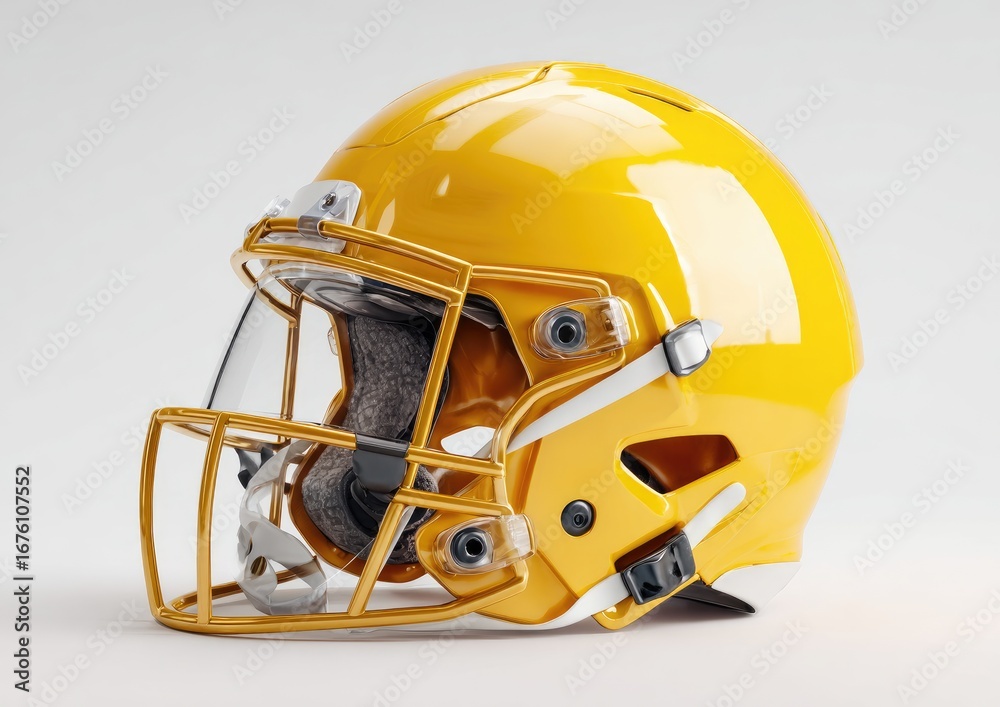 Fototapeta premium Bright yellow football helmet, side view. Glossy finish, safety features