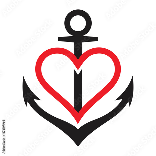 Anchor with Red Heart Shape on White Background love nautical