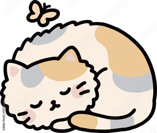 A cute cartoon calico cat is sleeping peacefully while a butterfly rests on its back.