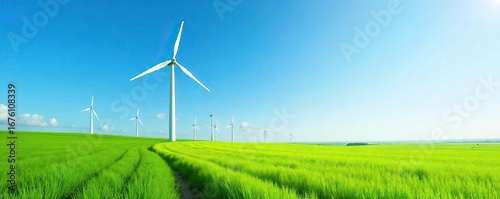 Majestic windmill farm gracefully turning in a vibrant green field under a bright blue sky, generating clean, sustainable energy , clean energy, nature, emission reduction