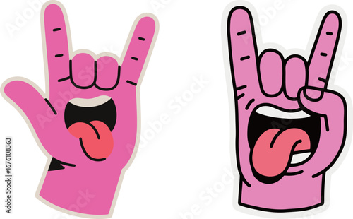 Two versions of a cartoon hand making the "rock on" sign with a funny, open mouth.