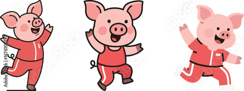 A set of three cute cartoon pig characters running and jumping happily in a red tracksuit.