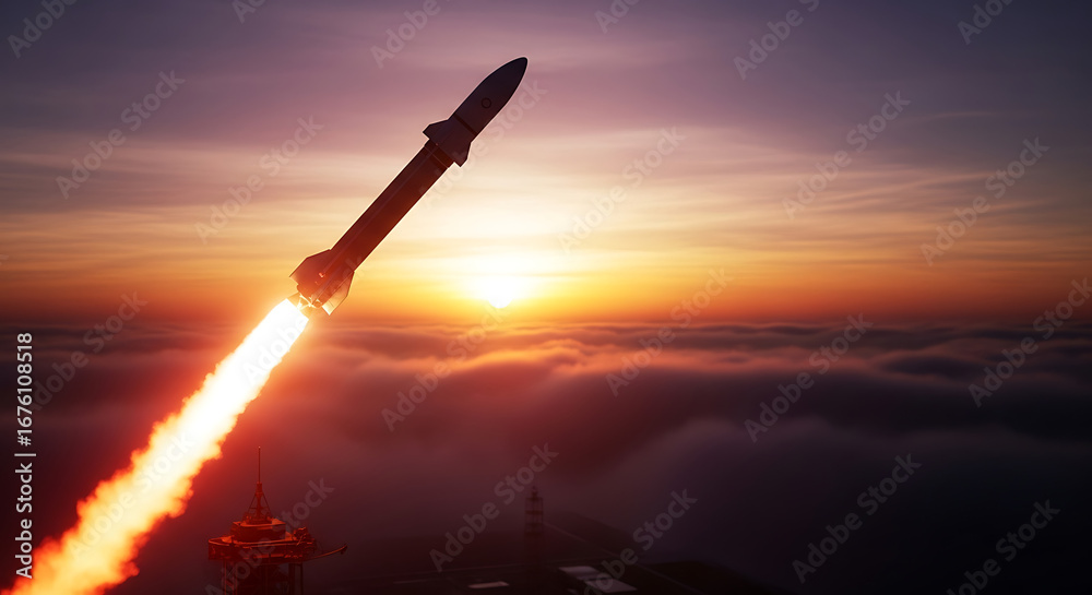 Fototapeta premium Rocket launching into the sky at sunset above the clouds war technology theme futuristic 