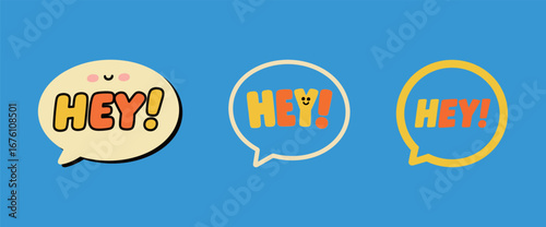 A set of speech bubbles in different styles with the word "HEY!" on a blue background.