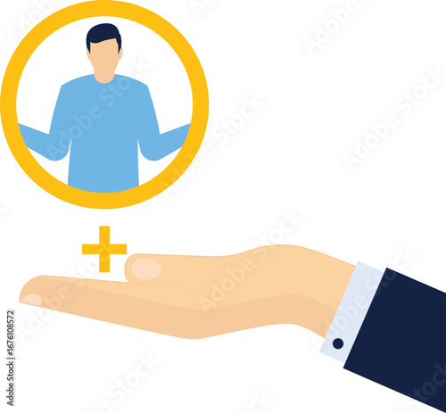 Customer retention, membership system or marketing strategy with a subscription concept, maintain customer loyalty, big businessman hand keep several consumers comfortable and become regular customers