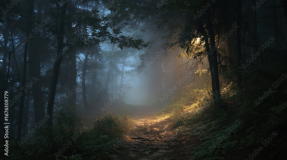 Fototapeta premium Mystical Forest Trail with Glowing Fog in Enchanted Atmosphere