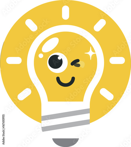 A cartoon light bulb with a smiling and winking face, glowing with a bright idea.