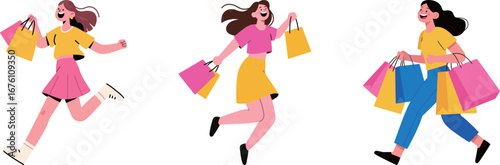A set of three cheerful young women running and jumping with colorful shopping bags, capturing the excitement and joy of a successful shopping spree, retail, and lifestyle concepts.